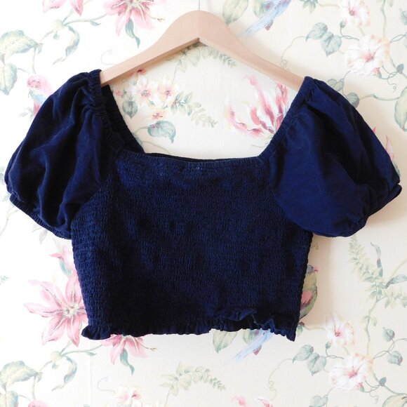 🦅 Smocked Navy Blue Velvet Crop Top - Picture 8 of 12